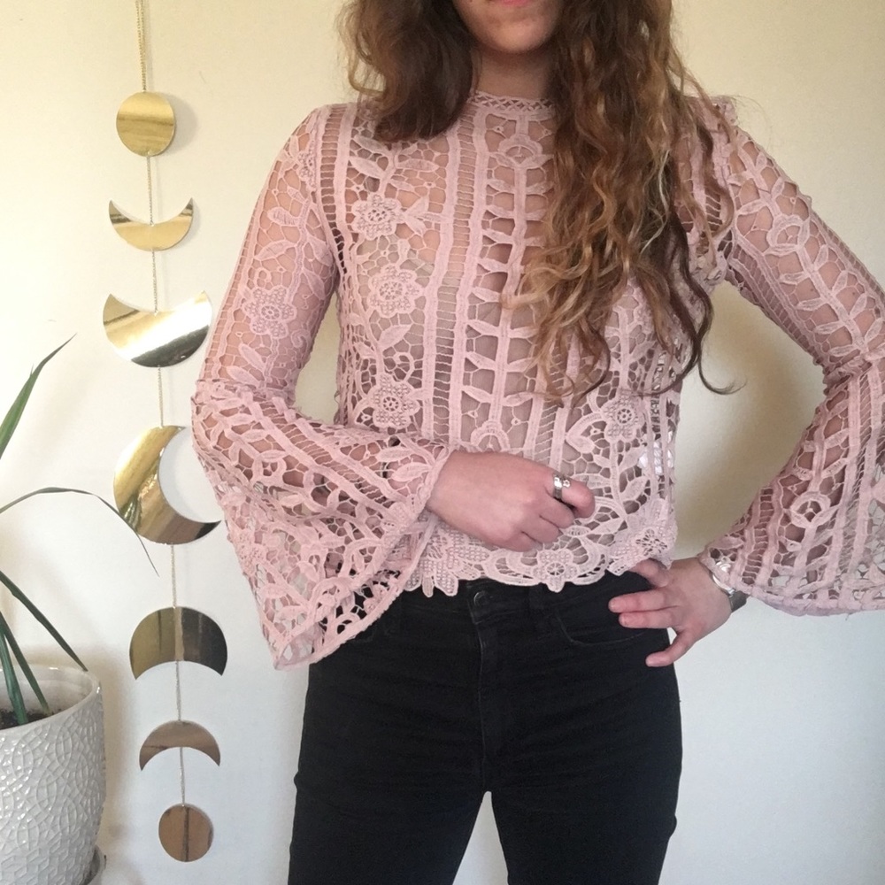 Bell Sleeve Hollowed Out Lace Top - Pink